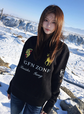 美式高街刺绣毛衣女冬季鎏金刺绣黑色显瘦针织衫亚文化视觉系上衣