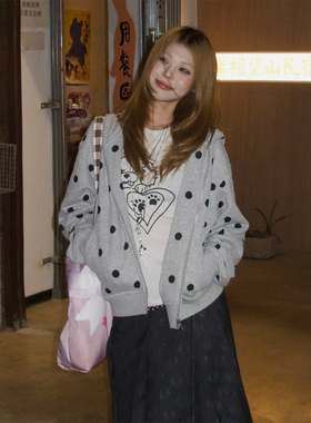 美式复古波点卫衣开衫女秋冬加绒休闲灰色拉链外套宽松慵懒风上衣