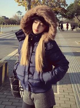 藏青色毛领棉服女冬季新款vintage加厚保暖短款连帽棉衣宽松外套