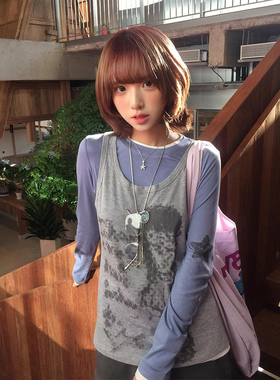 y2k轻亚长袖t恤女秋冬星星女孩印花修身叠穿背心两件套上衣设计感