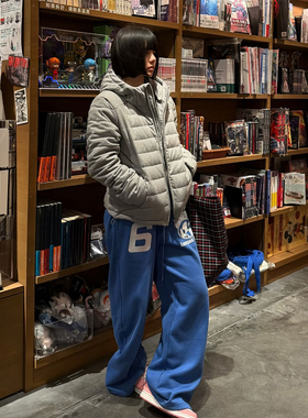 美式复古蓝色阔腿裤女秋冬字母印花垂感休闲裤子宽松直筒慵懒长裤