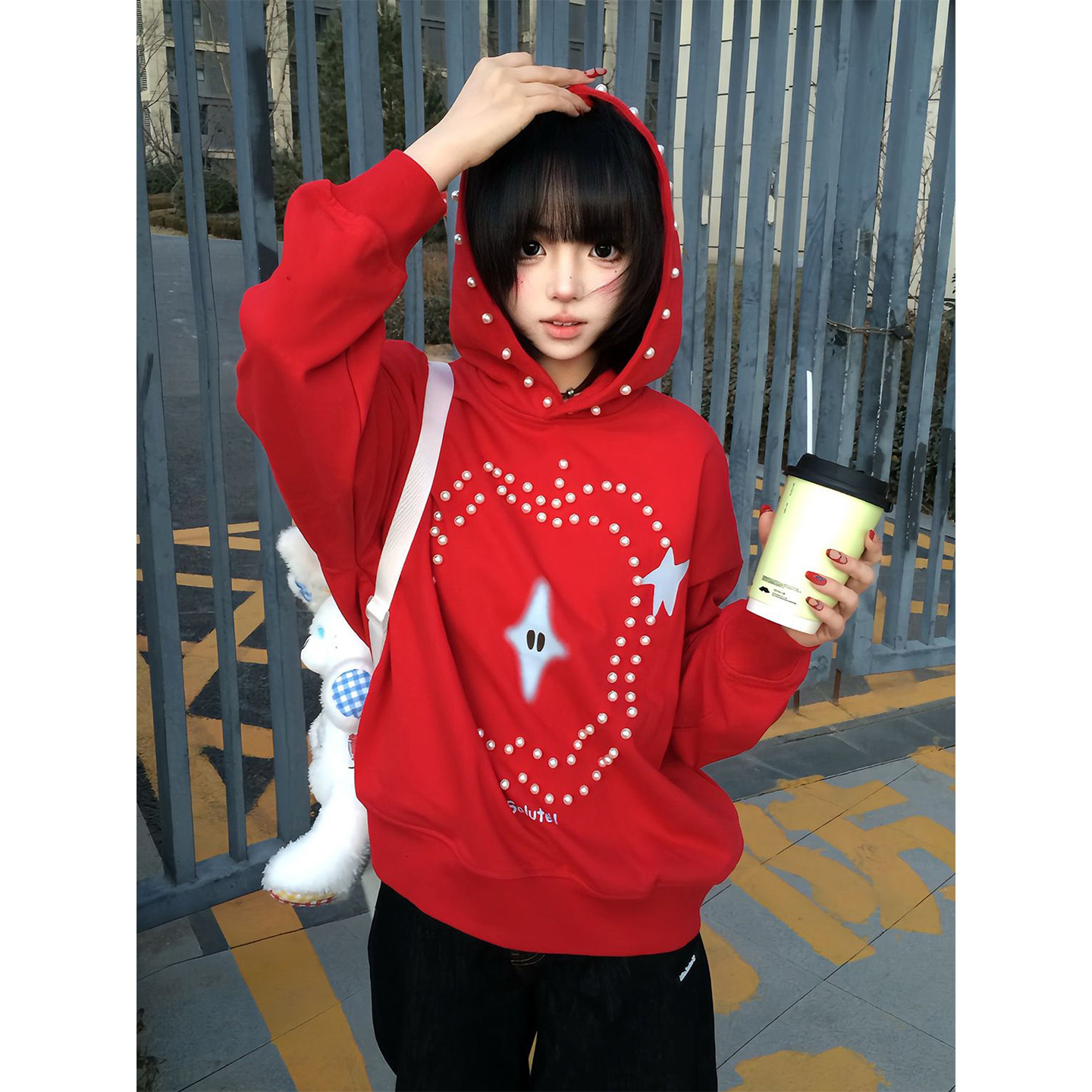 美式重磅红色卫衣女春季新款苹果钉珠连帽衫外套oversize宽松上衣,女装/女士精品,卫衣/绒衫,淘宝优惠券,粉丝福利购,淘宝优惠卷