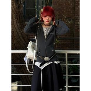 y2k轻亚比修身连帽卫衣外套女秋冬拉链开衫收腰千禧古早日杂穿搭