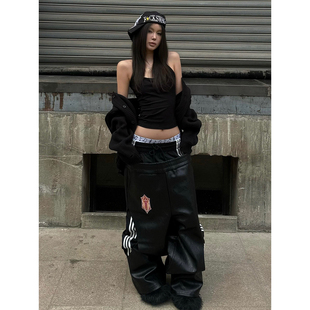 美式街头黑色阔腿裤女春季双腰头拼接皮裤亚文化视觉系假两件裤子