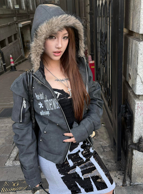 亚文化街头风皮衣外套女冬季铆钉毛领连帽短款夹克宽松设计感上衣