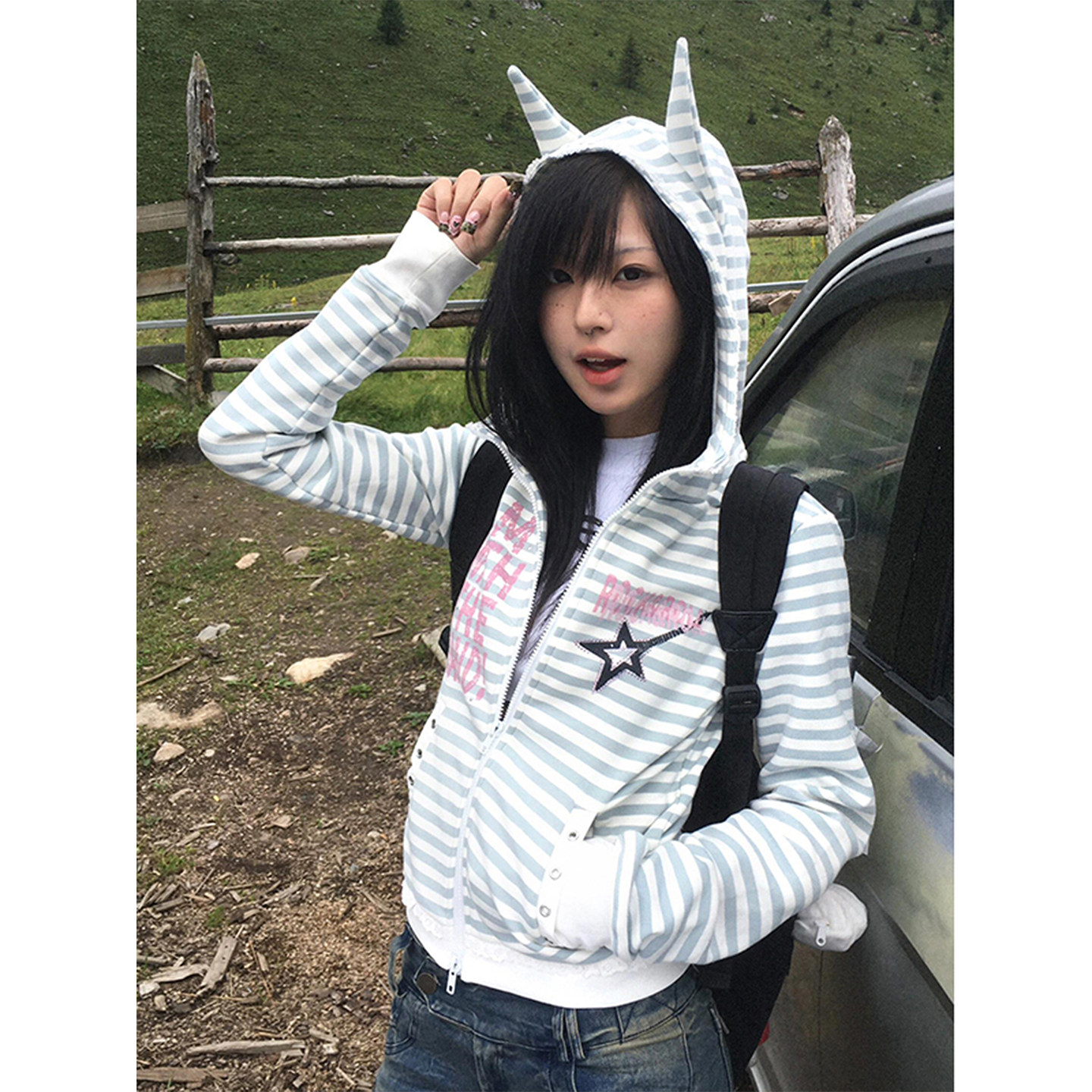 y2k轻亚恶魔角条纹修身外套女春季新款连帽开衫卫衣短款千禧上衣,女装/女士精品,卫衣/绒衫,淘宝优惠券,粉丝福利购,淘宝优惠卷