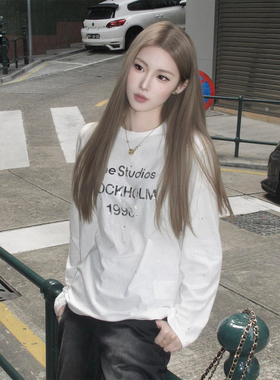复古慵懒风长袖T恤女春季镶钻字母印花休闲防晒罩衫宽松白色上衣