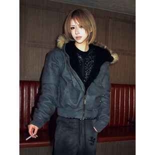 街头风毛领棉服女冬季 夹克皮衣视觉系连帽外套设计感 加厚铆钉短款