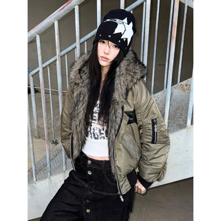 高级感加厚毛领棉服女冬季五角星飞行员夹克连帽外套视觉系上衣潮