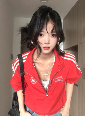 美式复古红色冲锋外套女秋冬新款夹克开衫立领vintage短款上衣y2k