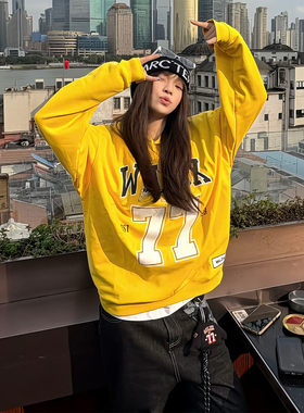 美式高街卫衣女秋冬黄色橄榄球衣长袖宽松运动风连帽上衣oversize
