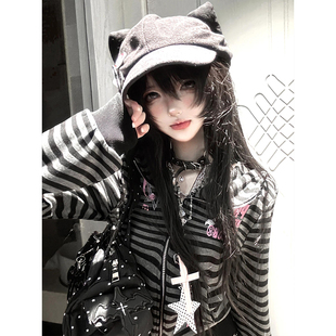 外套vintage设计感上衣y2k 女秋冬撞色条纹修身 轻亚比短款 卫衣开衫