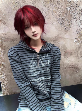 街头风条纹连帽卫衣女秋冬标语印花半拉链外套视觉系朋克上衣y2k