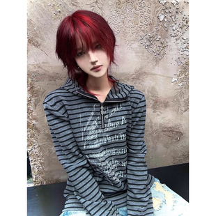 街头风条纹连帽卫衣女秋冬标语印花半拉链外套视觉系朋克上衣y2k