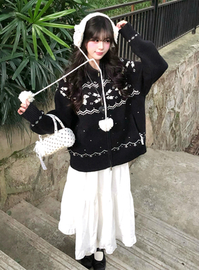 费尔岛毛衣开衫女冬季小狗提花黑色重磅针织衫外套宽松慵懒风上衣