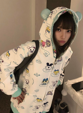 宅系穿搭二次元卫衣开衫女秋冬撞色小熊耳朵连帽外套休闲宽松上衣