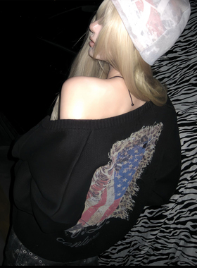 y2k亚文化黑色毛衣外套女秋冬季加厚豹纹提花视觉系针织开衫上衣