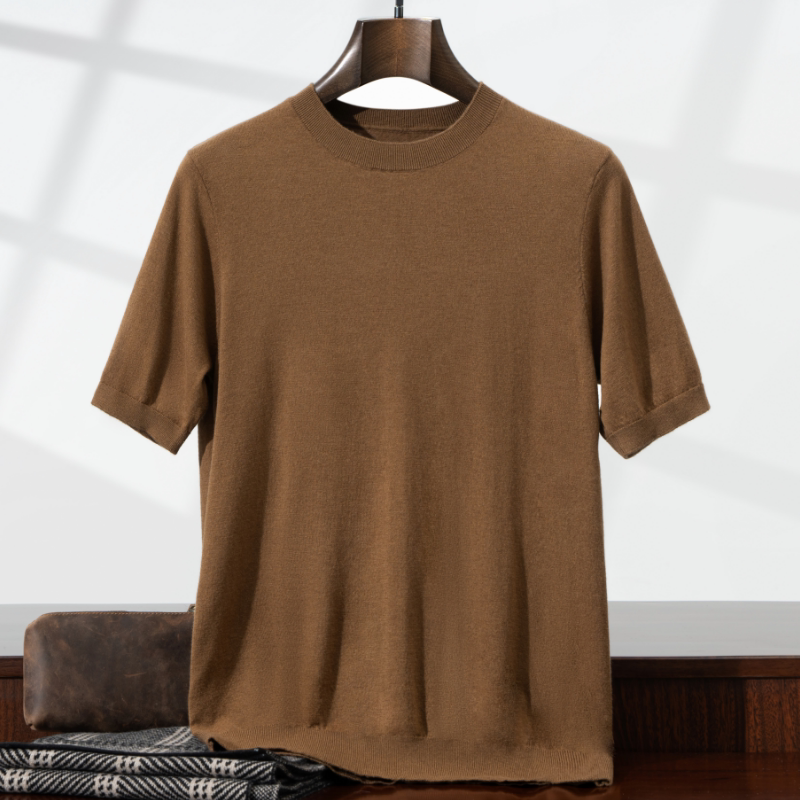 夏季纯羊毛男士圆领短袖针织衫宽松薄款透气套头毛衣夏季休闲上衣