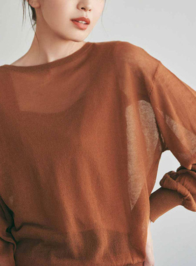 E52232 日本单 春款性感薄透宽松百搭圆领套头长袖针织衫 女款