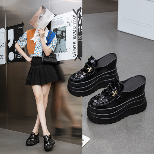 拖凉拖 厚底松糕鞋 2025春秋包头拖鞋 女内增高12CM超高跟休闲半拖鞋