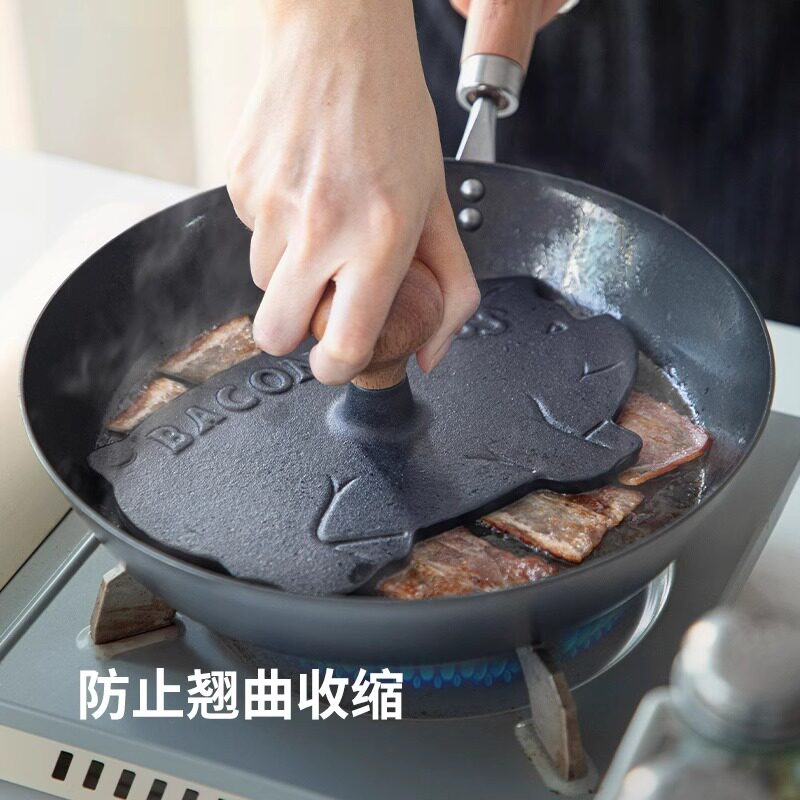 霜山铸铁牛排压肉板家用小猪铁板压盘培根鱿鱼西餐肉饼烧烤压板