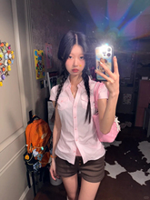 原创新款韩系掐腰修身显瘦短袖口袋衬衣收腰甜辣气质衬衫上衣女夏