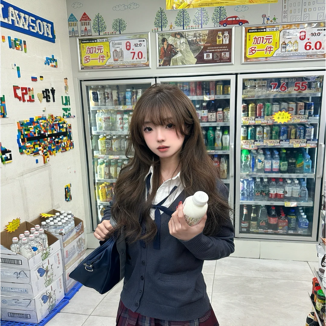 日系JK制服套装女学院风深灰针织开衫玄格裙叠穿校供感秋冬套装女