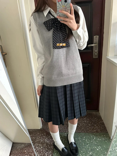 日系jk制服女校供感套装学院风叠穿套头针织背心海苔格裙百褶裙子