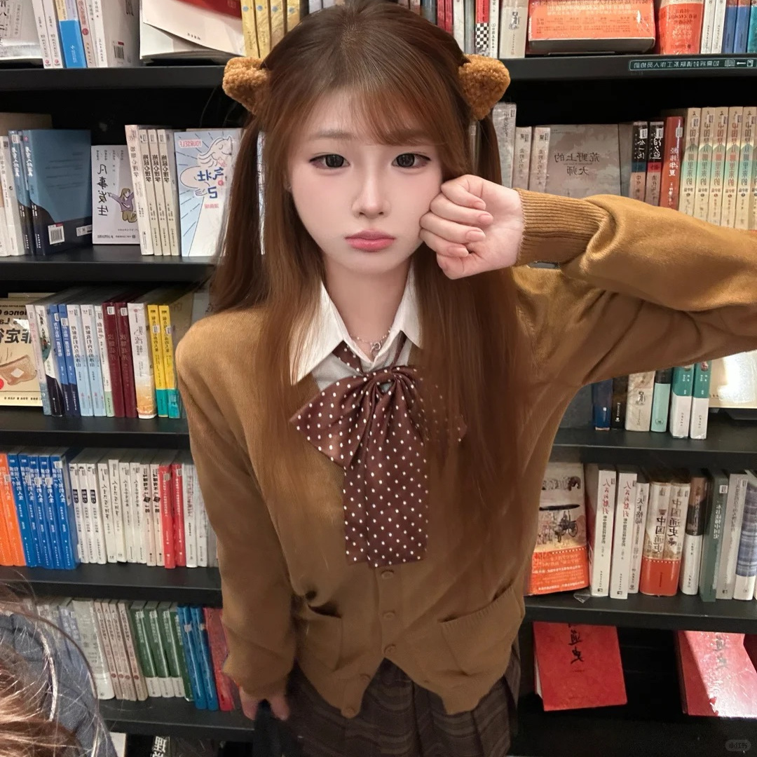 原创正版JK制服日系学院风秋冬季叠穿棕色针织开衫毛衣套装女