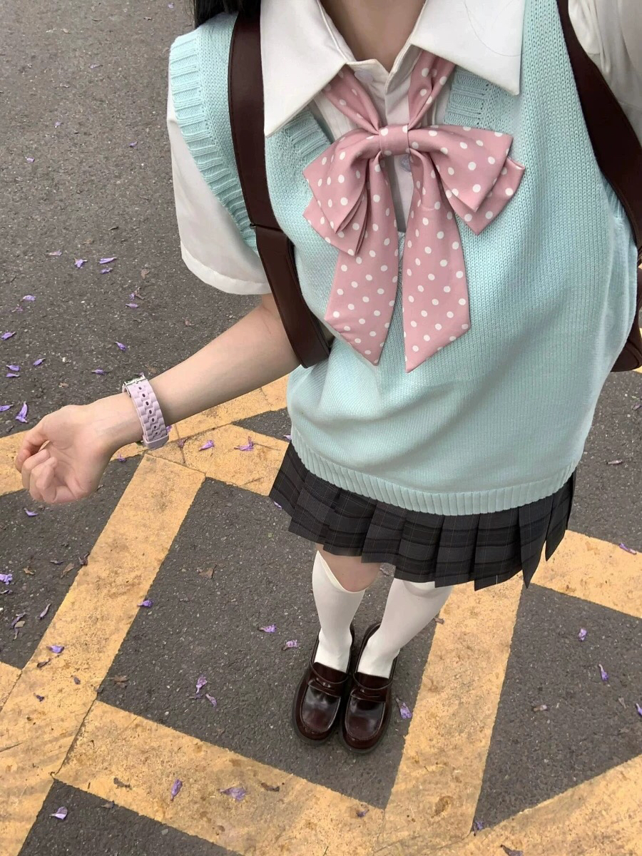 新款学院风套装日系女穿搭JK制服百褶裙子老头衫短袖针织马甲上衣