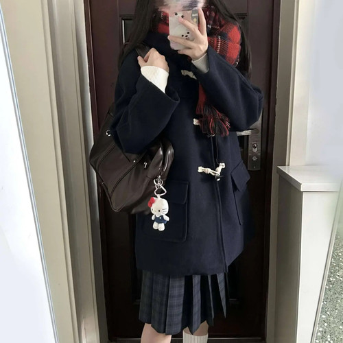 原创jk制服日系学院风校供感牛角扣毛呢大衣外套女秋冬套装