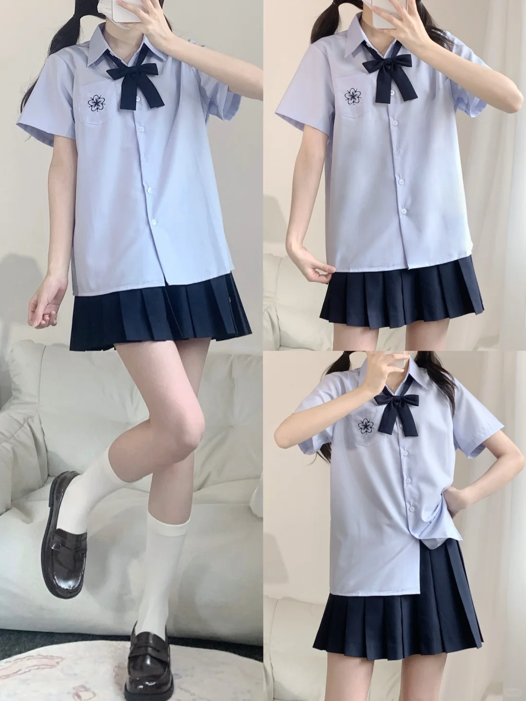 女夏季日系JK制服蓝色樱花短袖衬衫叠穿绀短裙学院风简约通勤套装