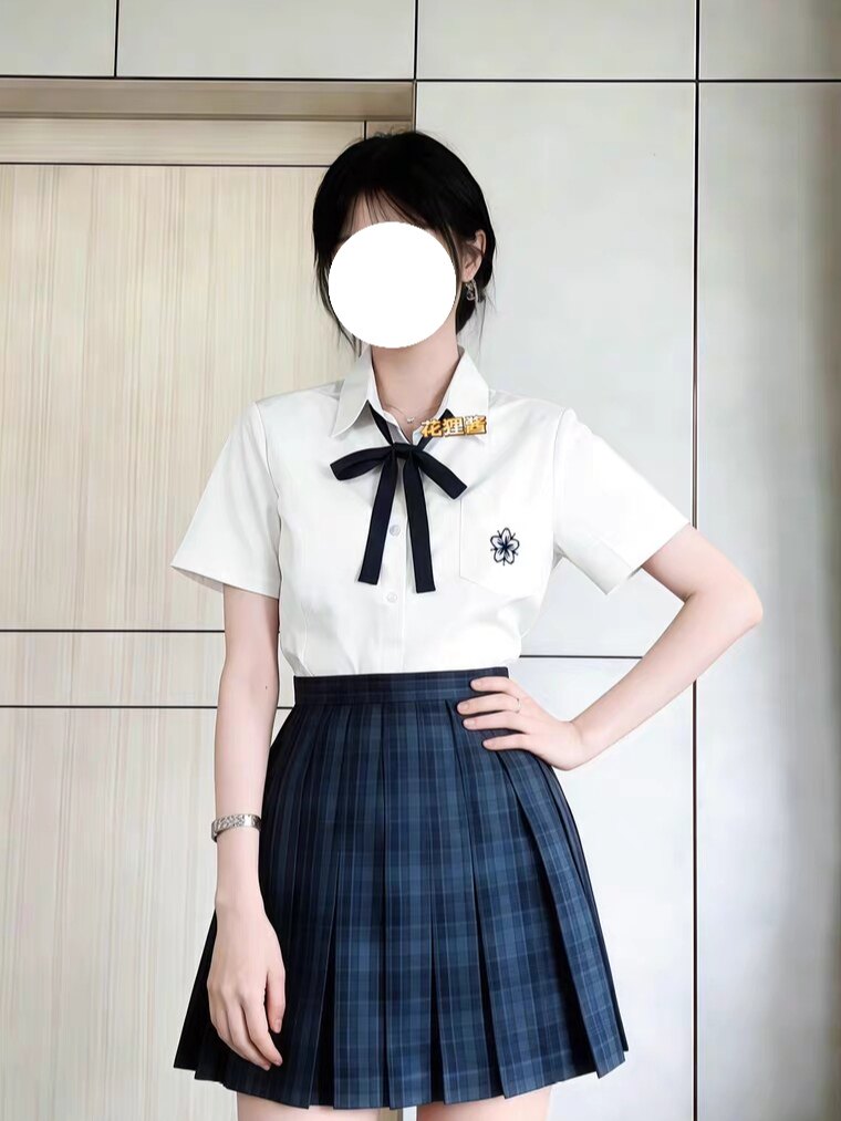 校供感原创jk制服白色樱花刺绣短袖衬衫叠穿海苔短裙女夏季三件套