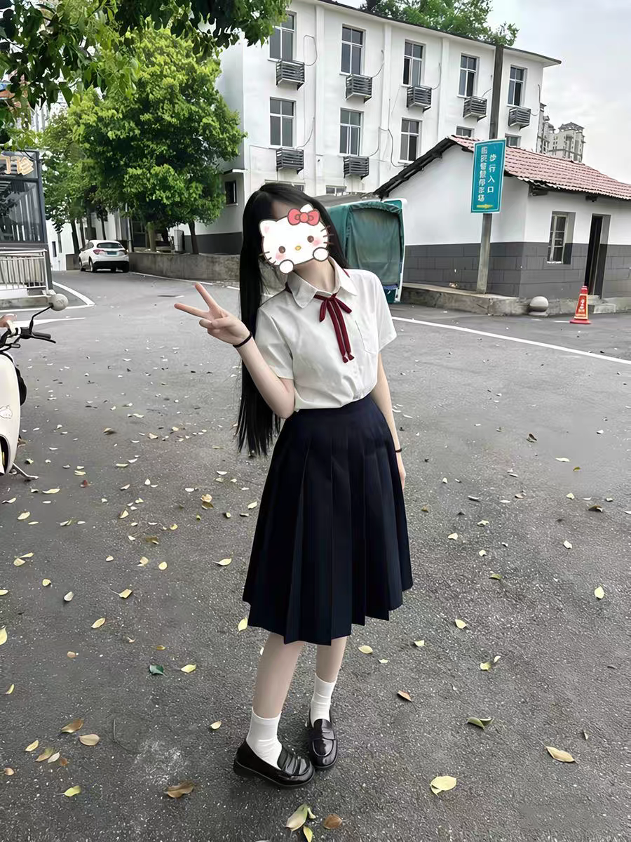 夏季jk制服日系基础款短袖衬衫叠穿绀色中裙校供感百搭小个子套装