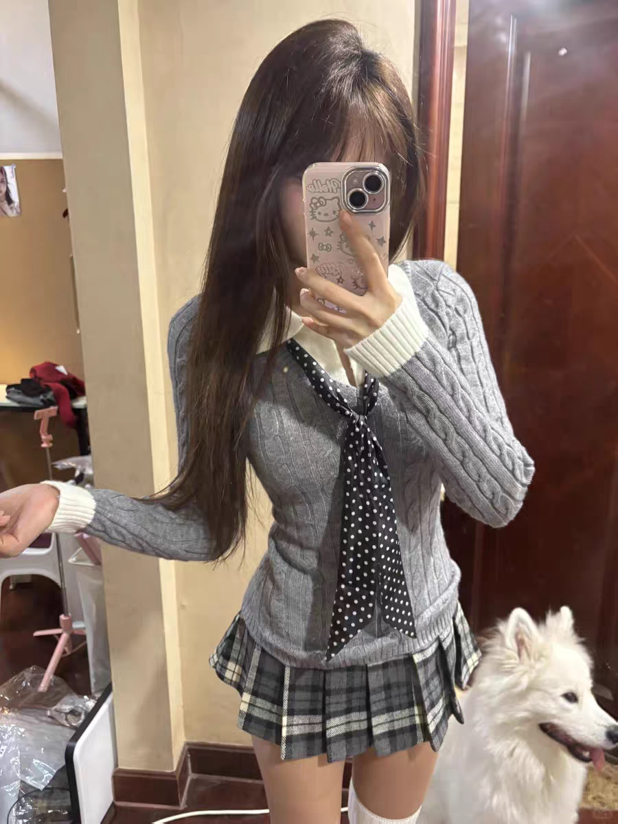 韩系新款灰色针织假两件带设计感拼接修身气质显瘦绝美巨好看上衣