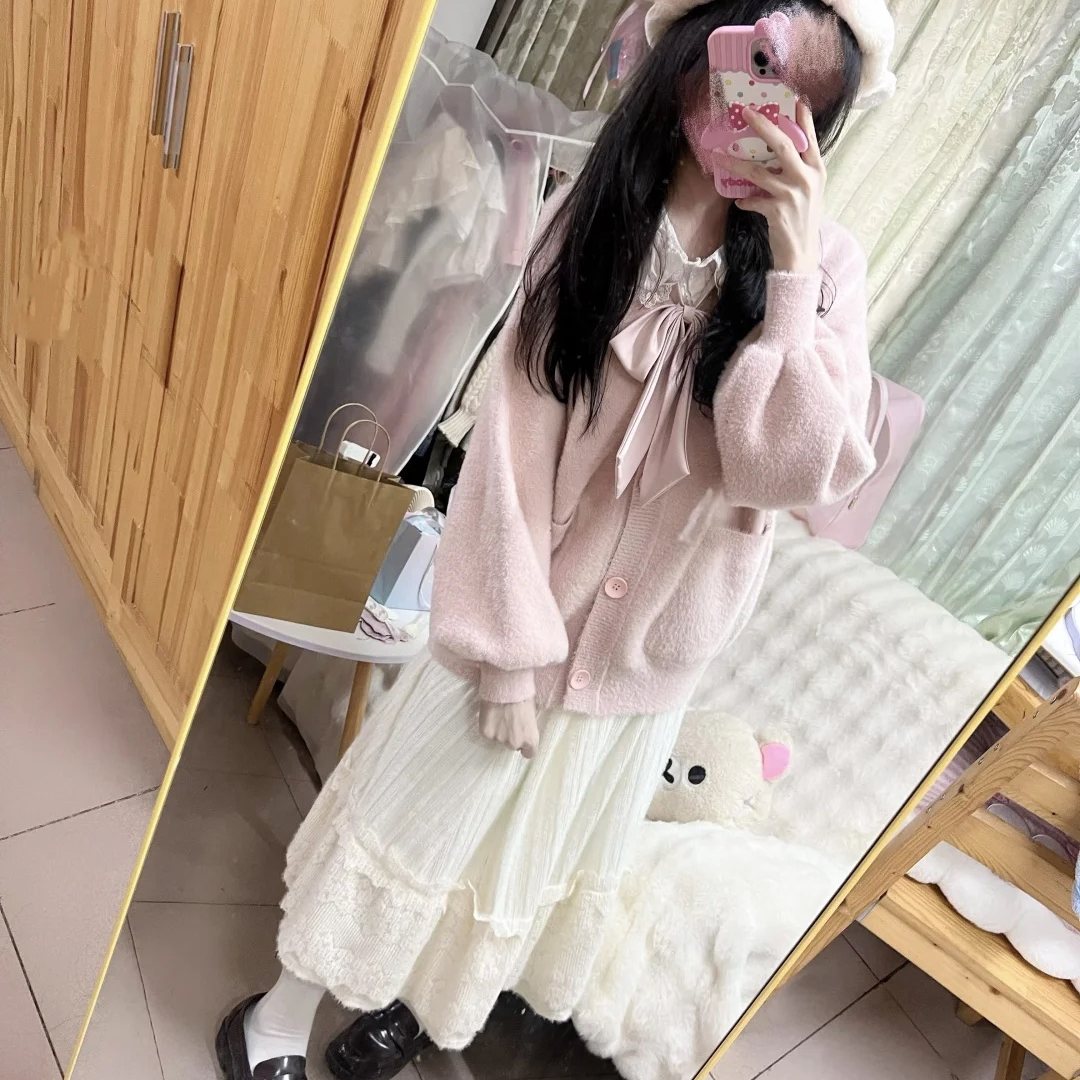 甜美学院风粉色毛茸茸针织开衫小个子校供感秋冬毛衣外套