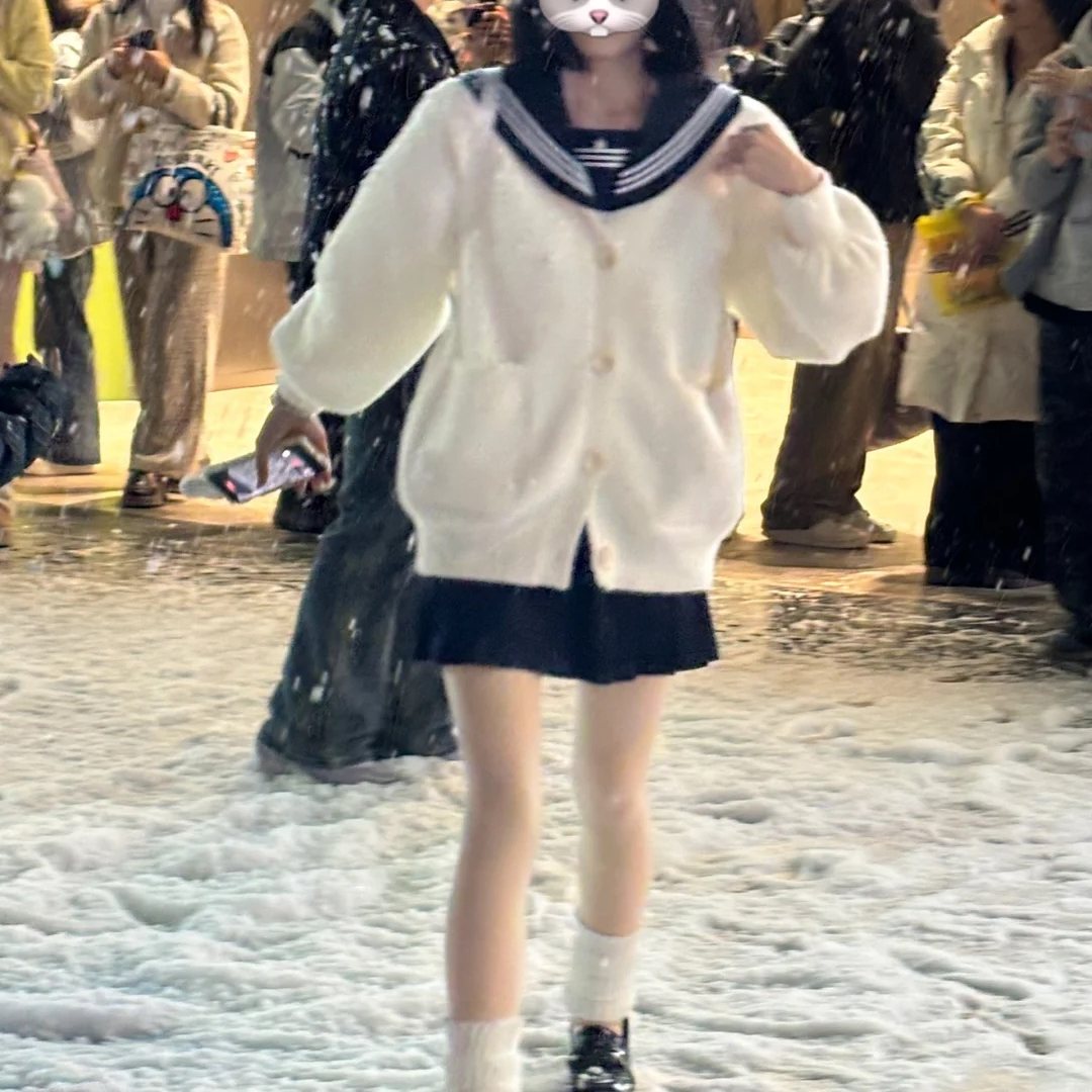 日系学院风JK制服毛茸茸开衫毛衣女秋冬叠穿水手白三本长袖套装