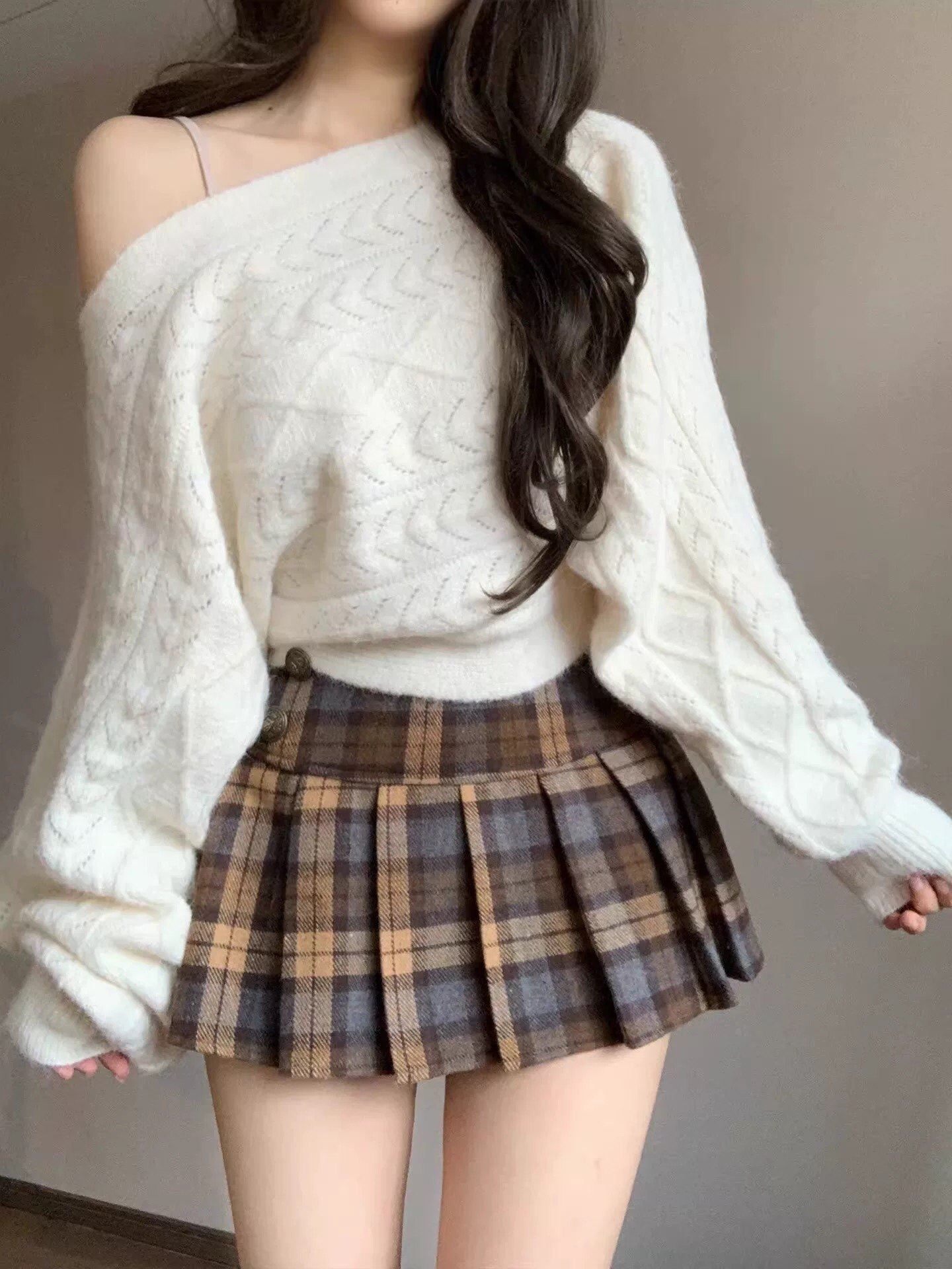 撞色复古女秋冬新款高腰毛呢半身裙学院风百褶裙显瘦百搭修身短裙