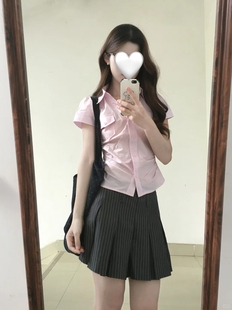少女风夏季新款粉色短袖衬衫韩系减龄纯欲风修身日系百搭显瘦上衣