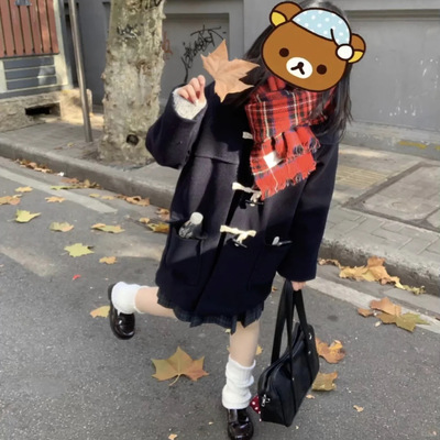 日系学院风牛角扣呢子大衣叠穿校供感海苔中裙小个子百搭秋冬套装