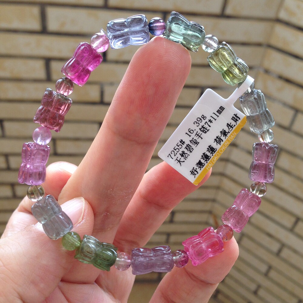 『好运莲莲 荷气生财』多条纯手工雕刻天然莲花碧玺手链西瓜碧玺