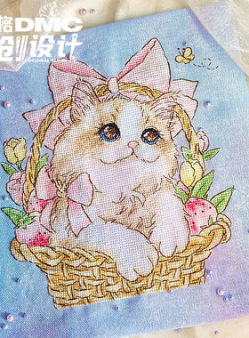 十字绣原创设计花篮蝴蝶结猫咪