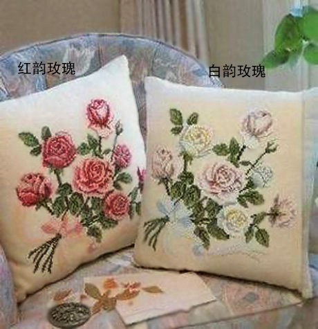 DMC十字绣套件 客厅花卉 抱枕靠垫 粉嫩玫瑰 双色  二选一