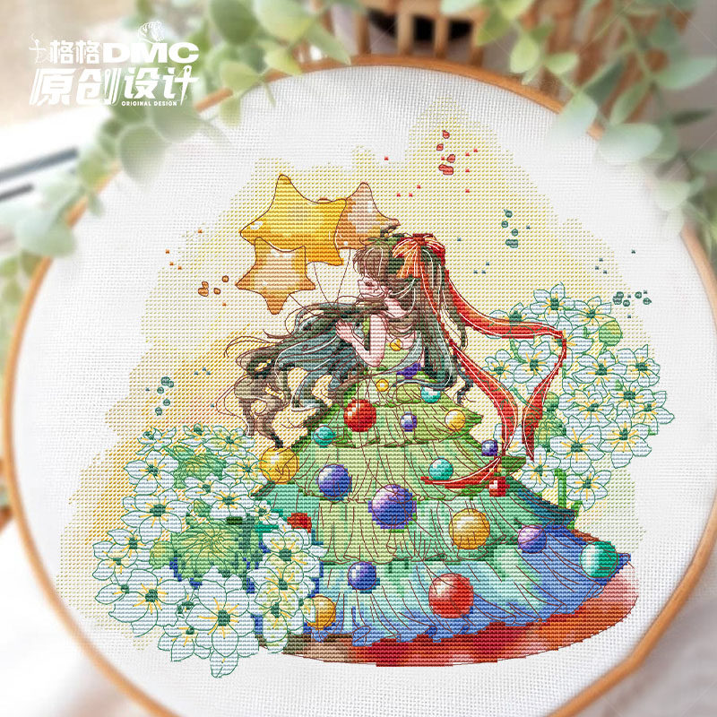 十字绣法国dmc绣线套件2025新款 昕昕仔 12月原创设计 圣诞树女孩
