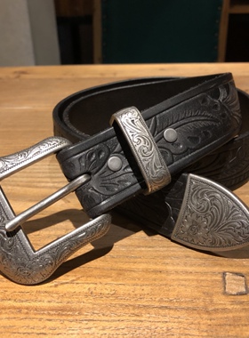 复古机车皮带唐草雕花植鞣美式复古阿美咔叽宽度38mm头层牛皮银扣