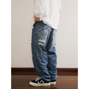 潮牌水洗重工做旧破坏补丁牛仔裤 日潮OOTD街头宽松微锥百搭直筒裤