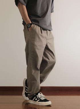 日系复古chino通勤基本简约纯色高密斜纹直筒宽松微锥松紧休闲裤