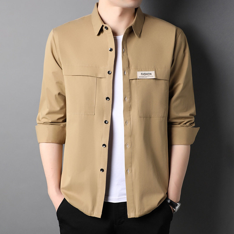 高端品牌2023春季新款纯色工装衬衫男装衬衫方领长袖卡其色简约款