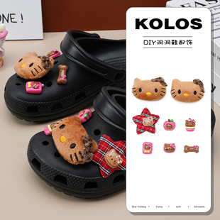 原创洞洞鞋鞋花适配crocs配饰黑皮KT猫豹纹hellokitty装饰扣鞋扣