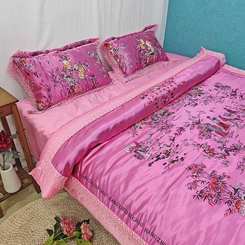 新款婚庆四件套红色龙凤喜丝绸缎被套四件套结婚复古中式结婚床u.